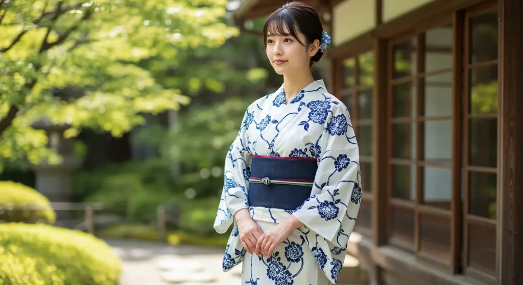 A photo-realistic image of a Japanese woman wearing a white yukata with traditional indigo or navy blue patterns, such as florals or geometric motifs. The yukata gives a fresh, clean, and elegant appearance, ideal for summer. She wears a deep-colored obi (navy, red, or dark green) tied neatly, with an accent from an obijime or obidome accessory. She stands gracefully outdoors in daylight — perhaps near a traditional garden, wooden veranda, or a stone path — with sunlight gently illuminating her and casting soft shadows. Her expression is serene, and her posture refined. The image captures both tradition and summer freshness. 16:9 aspect ratio, wide format, photo-realistic style.