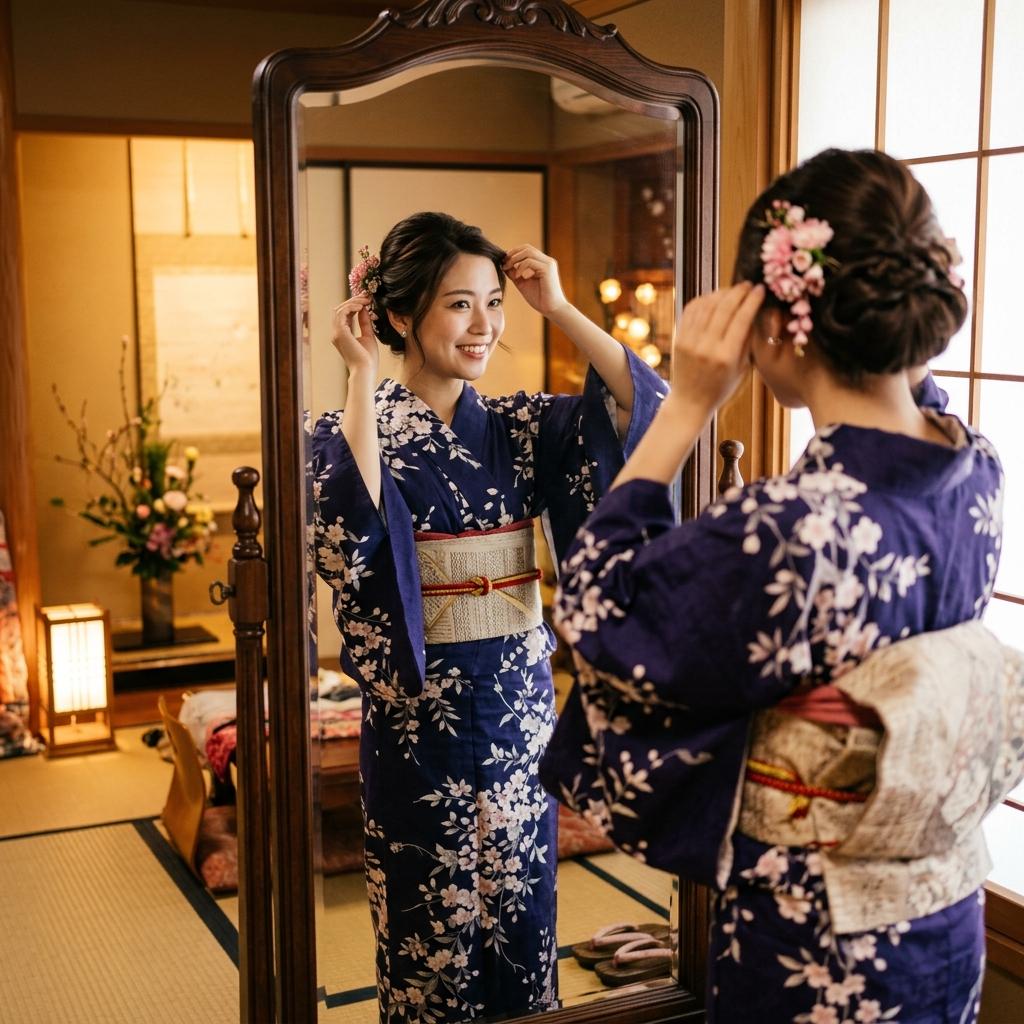 浴衣姿で鏡の前に立ちヘアスタイルを整えている上品な日本人女性のイラスト
