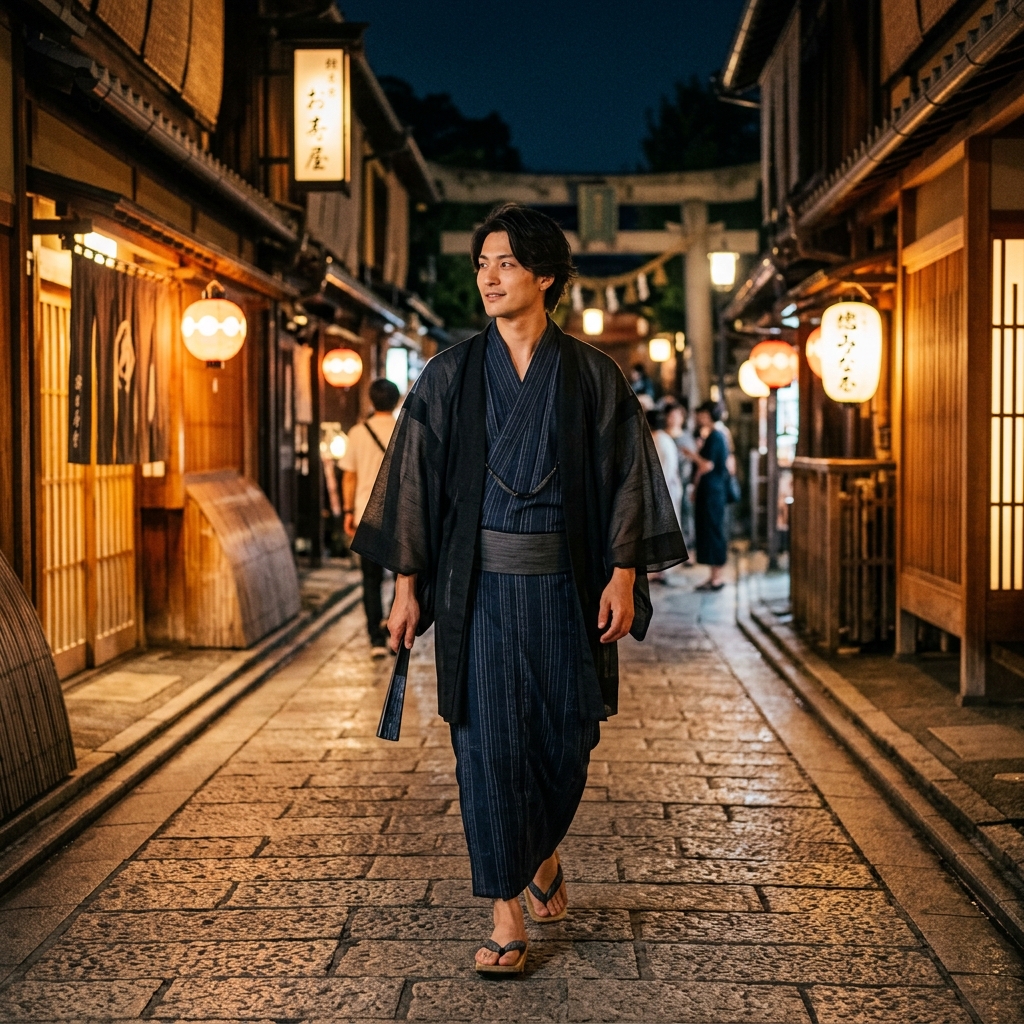 夏の涼しい夜にネイビーの浴衣と薄手の黒い和装羽織を上品に身にまとって佇む日本人男性のイラスト