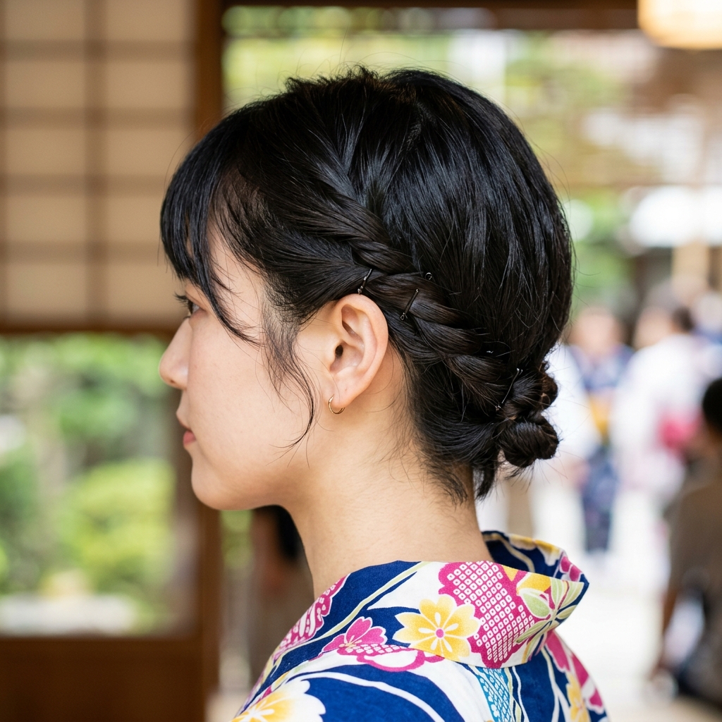 サイドをすっきりとねじってピン留めし、浴衣姿を引き立てるショートヘアアレンジの様子