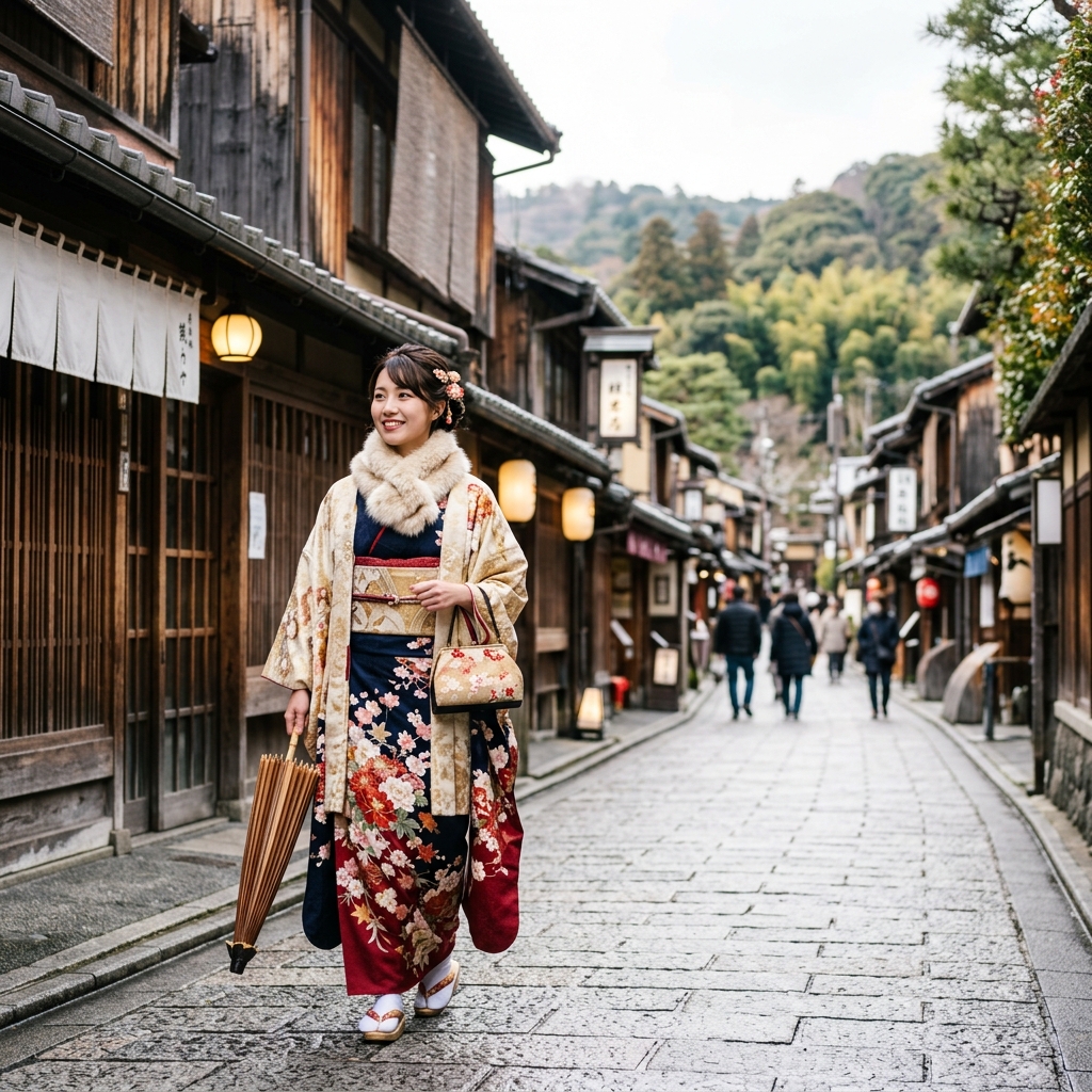 京都の嵐山を上品な着物姿で散策する女性の美しい後ろ姿