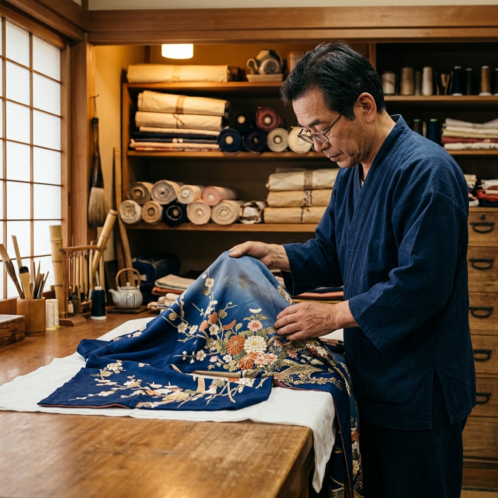 着物専門店で正絹の着物を見積もり査定している様子のイラスト
