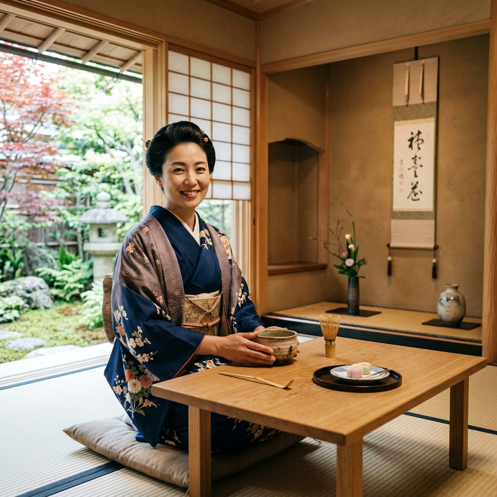 羽織を上品に着こなして室内で穏やかに過ごしている日本人のイラスト