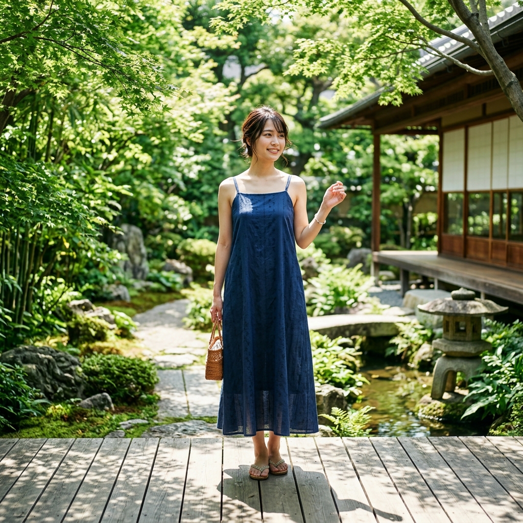 涼しげなノースリーブの浴衣ワンピースを着て夏を楽しむ日本人女性のイラスト