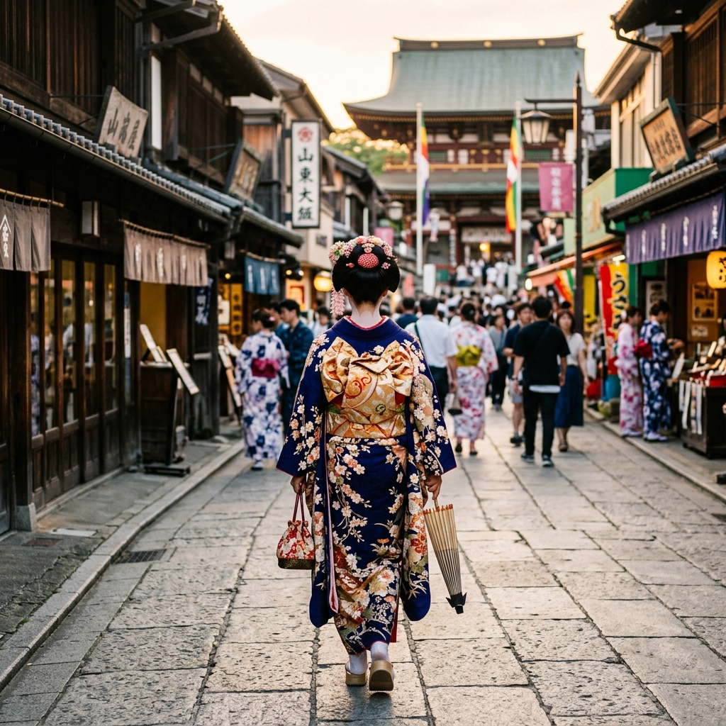 成田山新勝寺の歴史ある木造店舗が並ぶ参道を華やかな着物姿で歩く後ろ姿