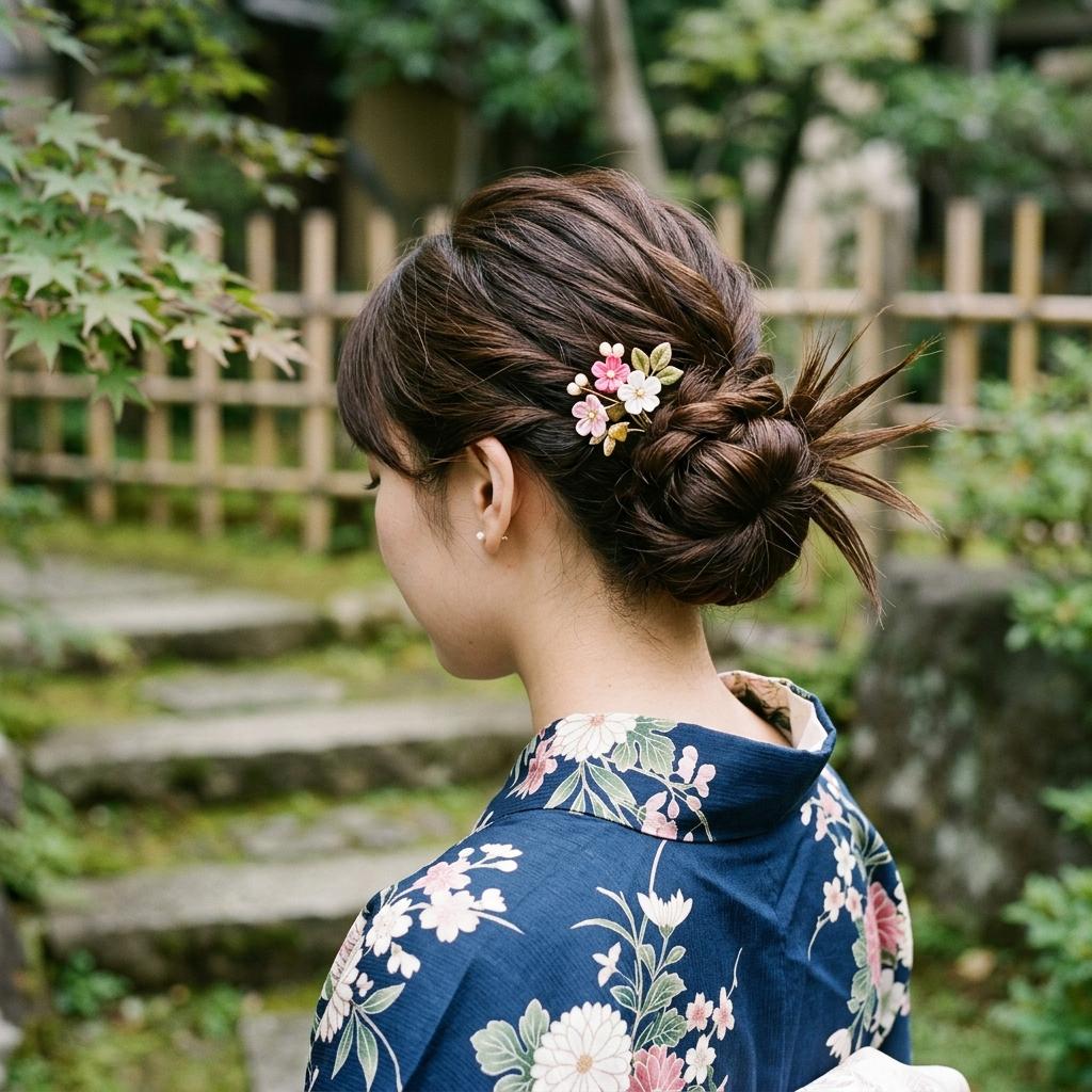 ミディアムヘアを低い位置でお団子にしあえてツンとした毛先を残したトレンドのカチモリヘアのイラスト