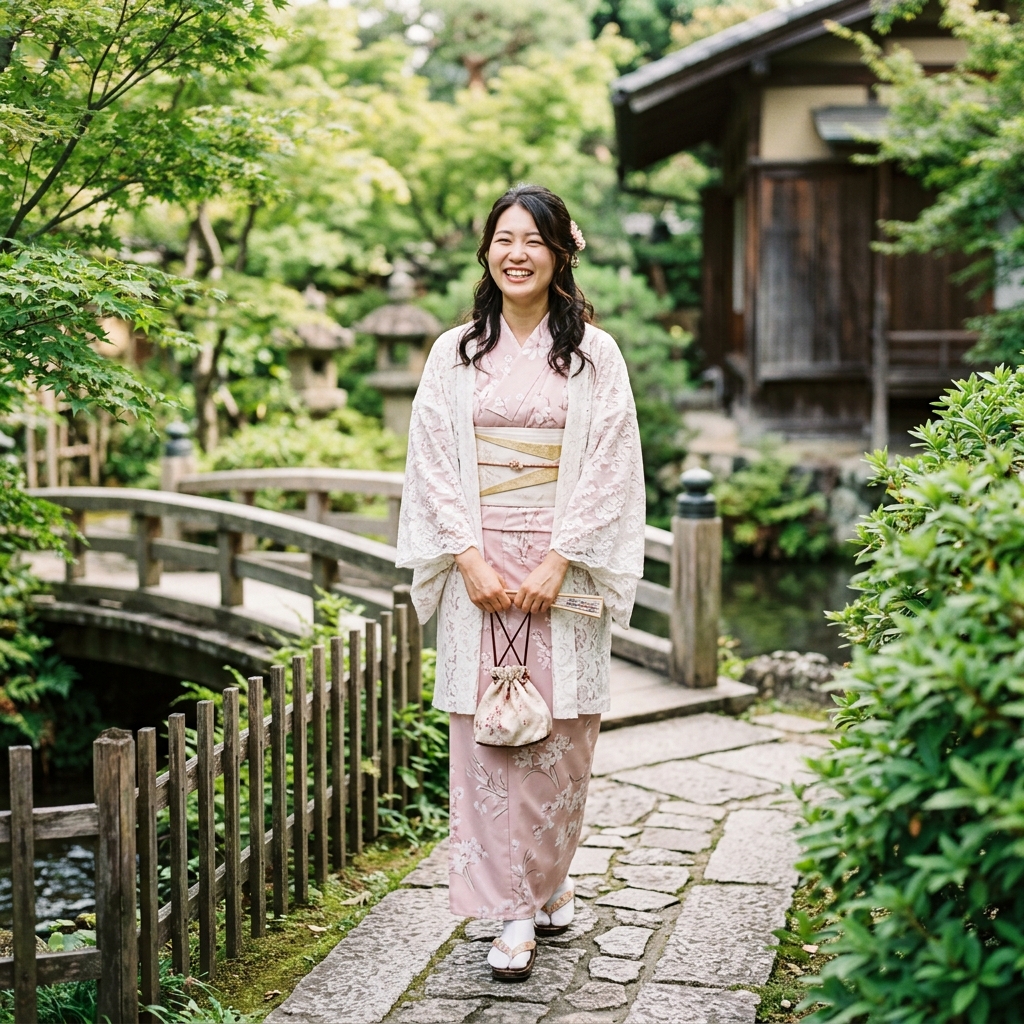 淡いピンクの華やかな浴衣の上から可憐な白のレース羽織を軽やかにまとった笑顔の日本人女性のイラスト