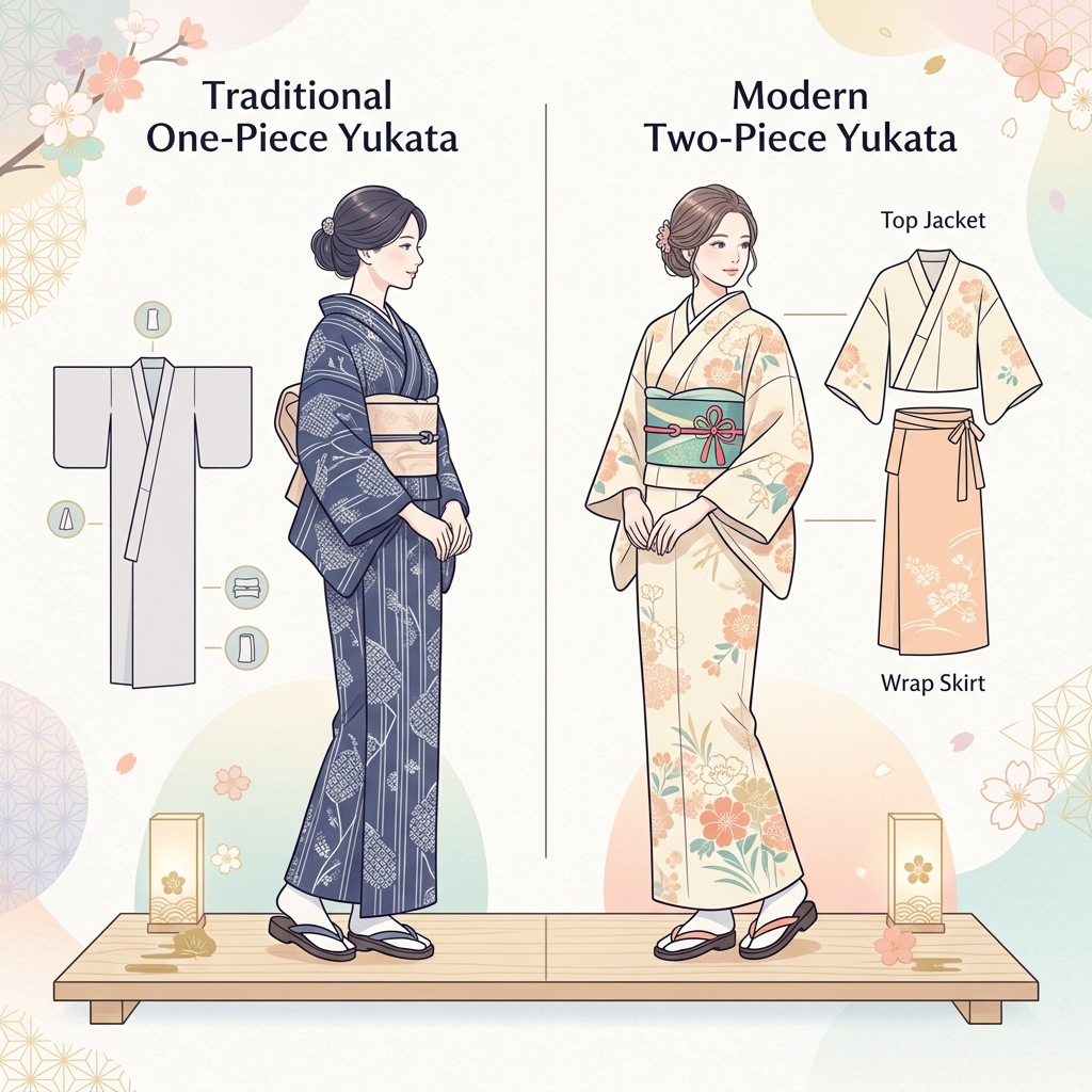伝統的な浴衣と二部式浴衣の構造の違いを説明する比較図のようなイラスト