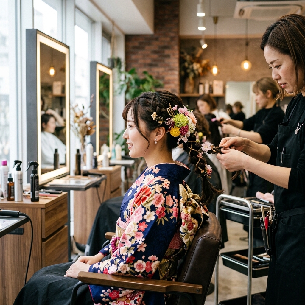 美容室の鏡の前でヘアセットを美しく仕上げてもらっている女性のイラスト
