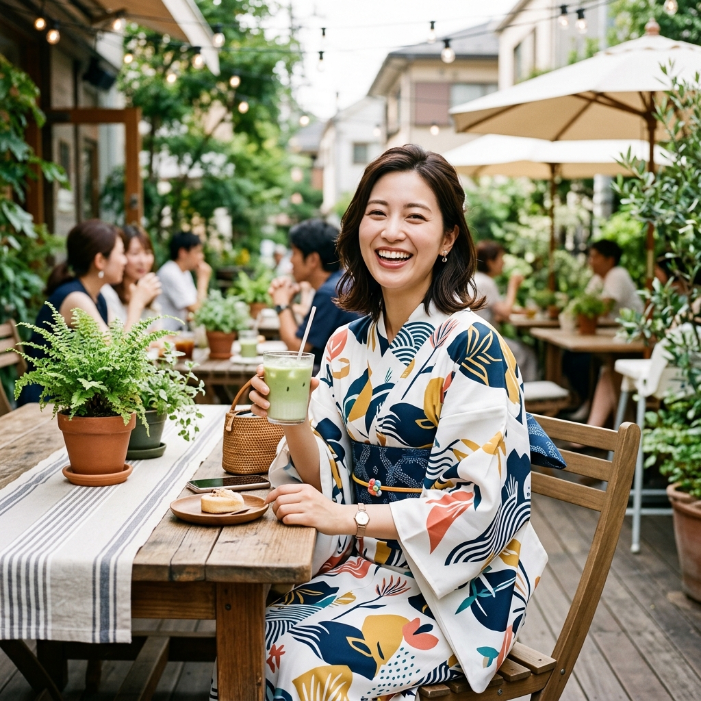 サラッとした風合いのセオアルファ浴衣を着て、笑顔でカフェのテラス席に座っている美しい女性