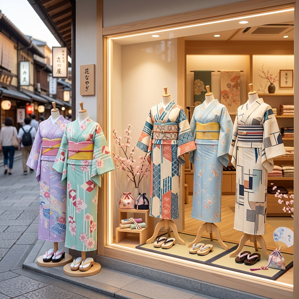 プチプラで可愛らしい浴衣セットが並ぶアパレルショップの店頭ディスプレイ