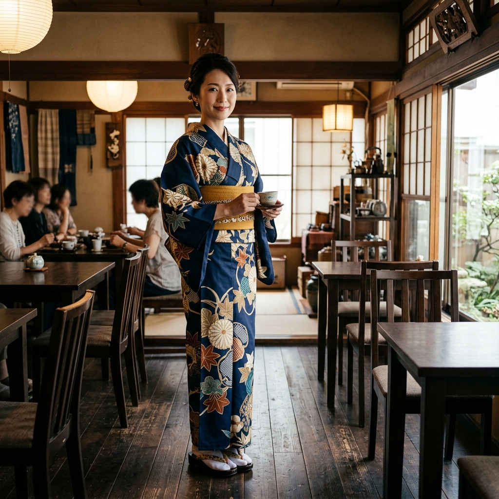 大人向けのレトロモダンな柄がおしゃれで落ち着いた色合いのワンピース浴衣のイメージ