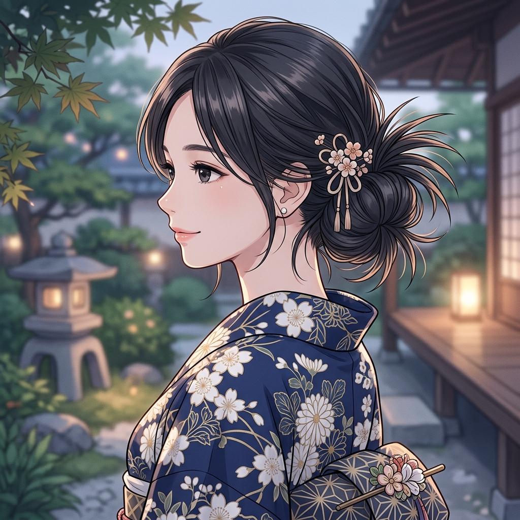 ミディアムヘアを低い位置でお団子にしあえてツンとした毛先を残したトレンドのカチモリヘアのイラスト