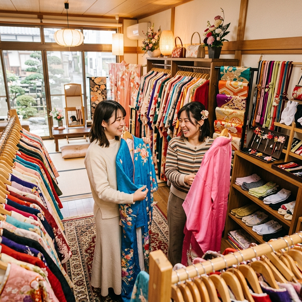 着物レンタル店でおしゃれな着物や小物を楽しそうに選んでいる和やかな風景