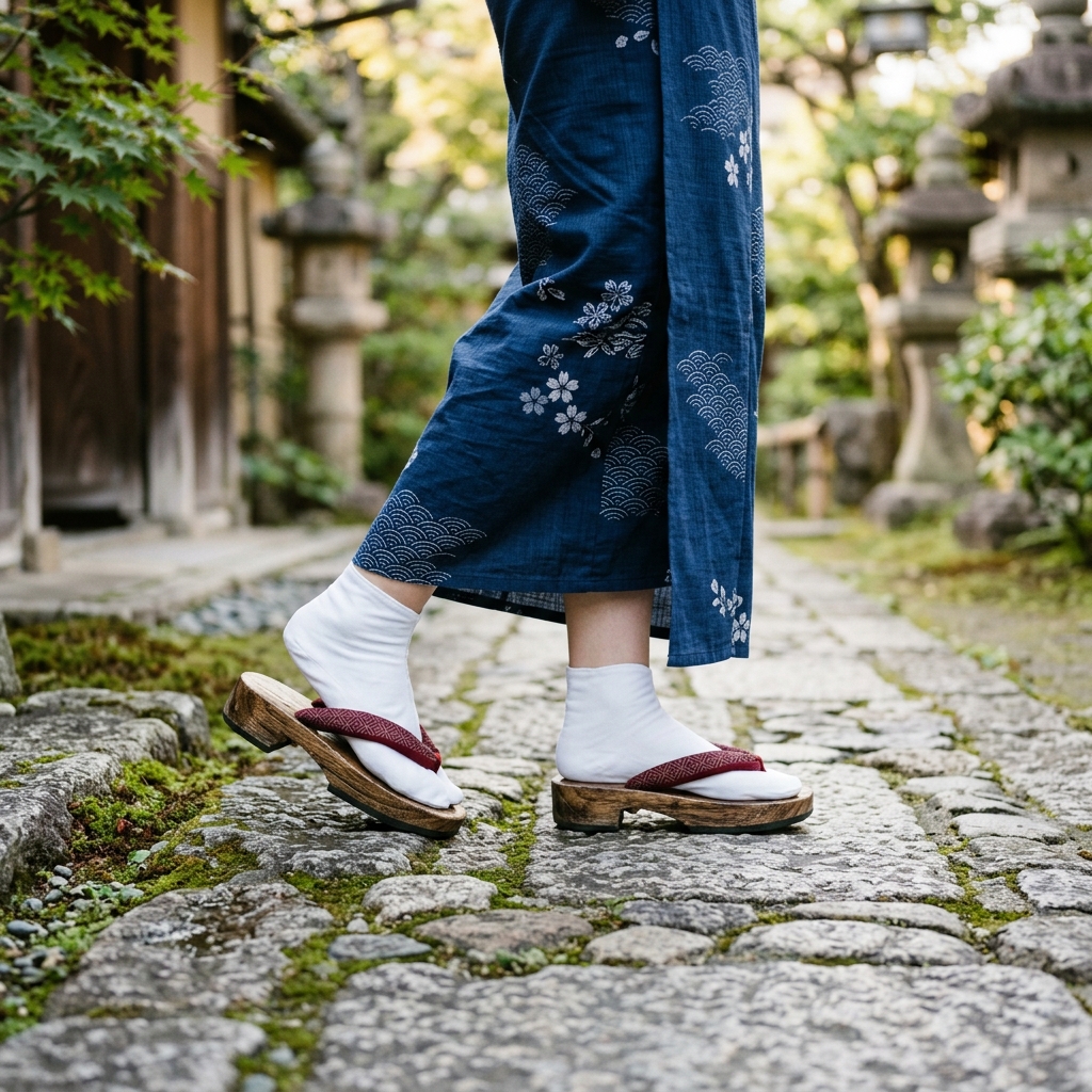 着物を美しく着こなした女性の足元（くるぶしあたり）をクローズアップしたイラスト