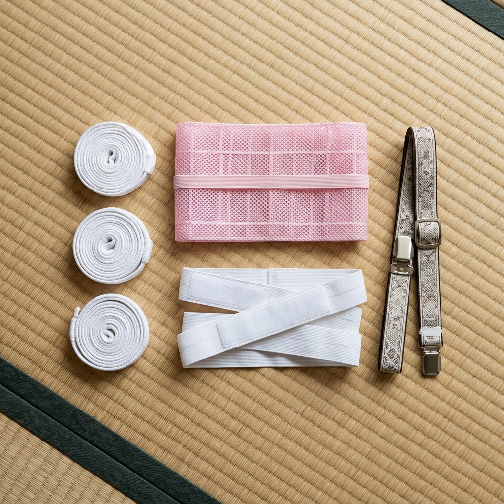 着付けに必要な腰紐や前板などの小物をきれいに並べた写真風イラスト