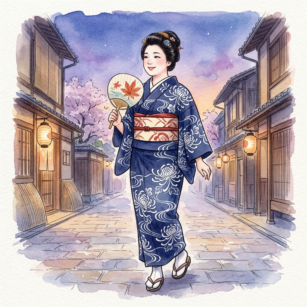 浴衣姿で美しく裾つぼまりのシルエットを作りすっきりと歩いているふくよかな女性のイラスト
