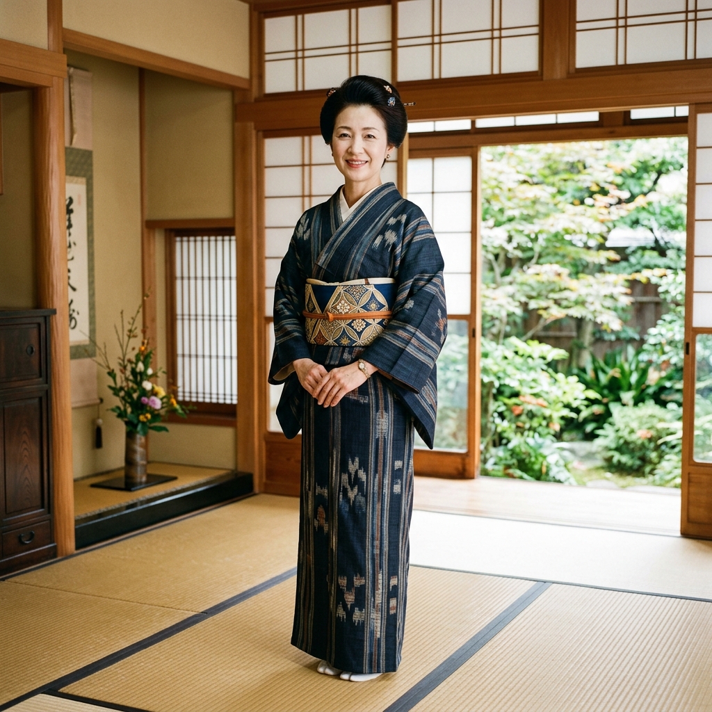 落ち着いた品格のある紬の着物とモダンな帯を合わせた50代女性の笑顔