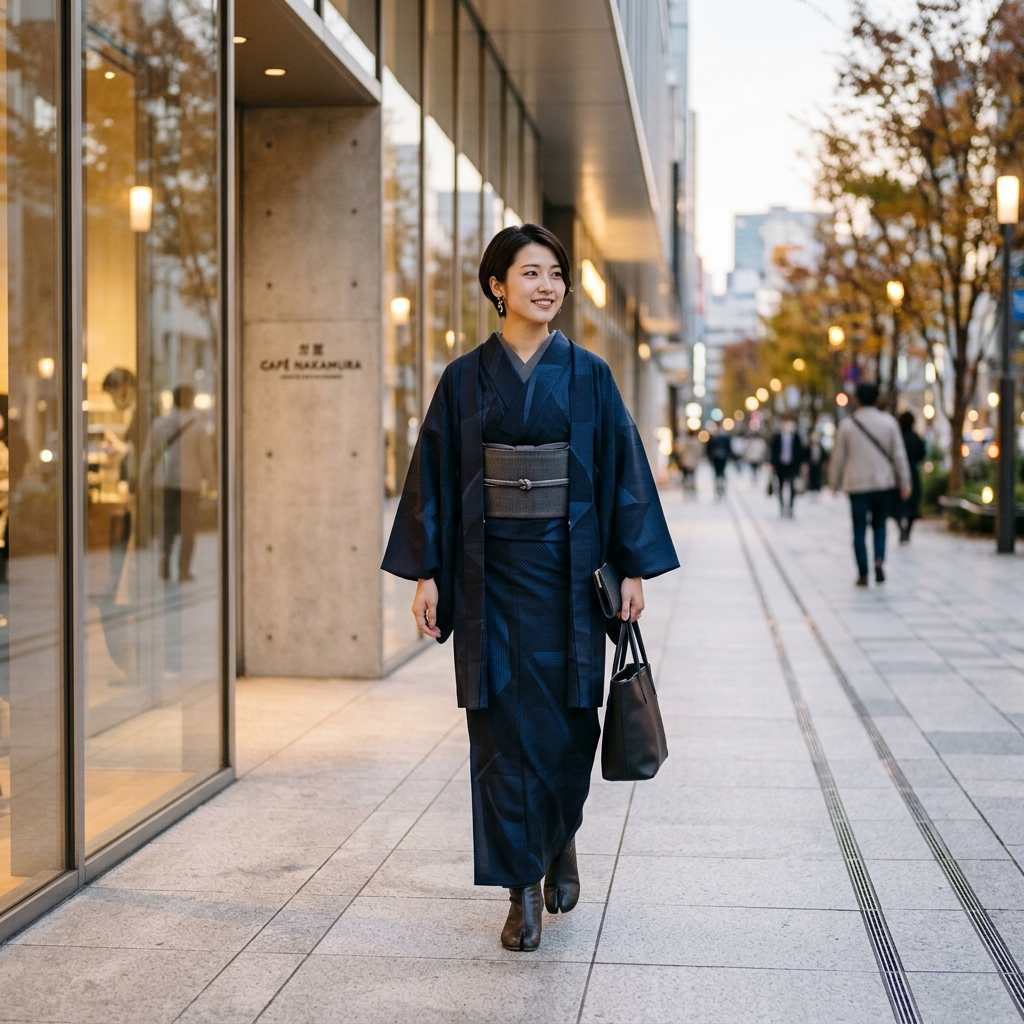 都会的でスタイリッシュな同系色の着物と帯をコーディネートした女性の街着姿のイラスト