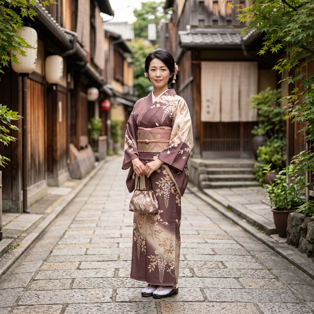 くすみカラーとモダンな和柄がおしゃれな大人のワンピース浴衣を着た日本人女性のイラスト