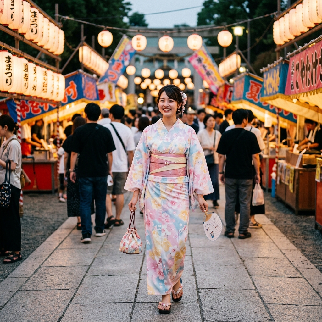 プチプラで可愛らしいデザインの浴衣を着て笑顔で夏祭りを楽しむ女性のイラスト