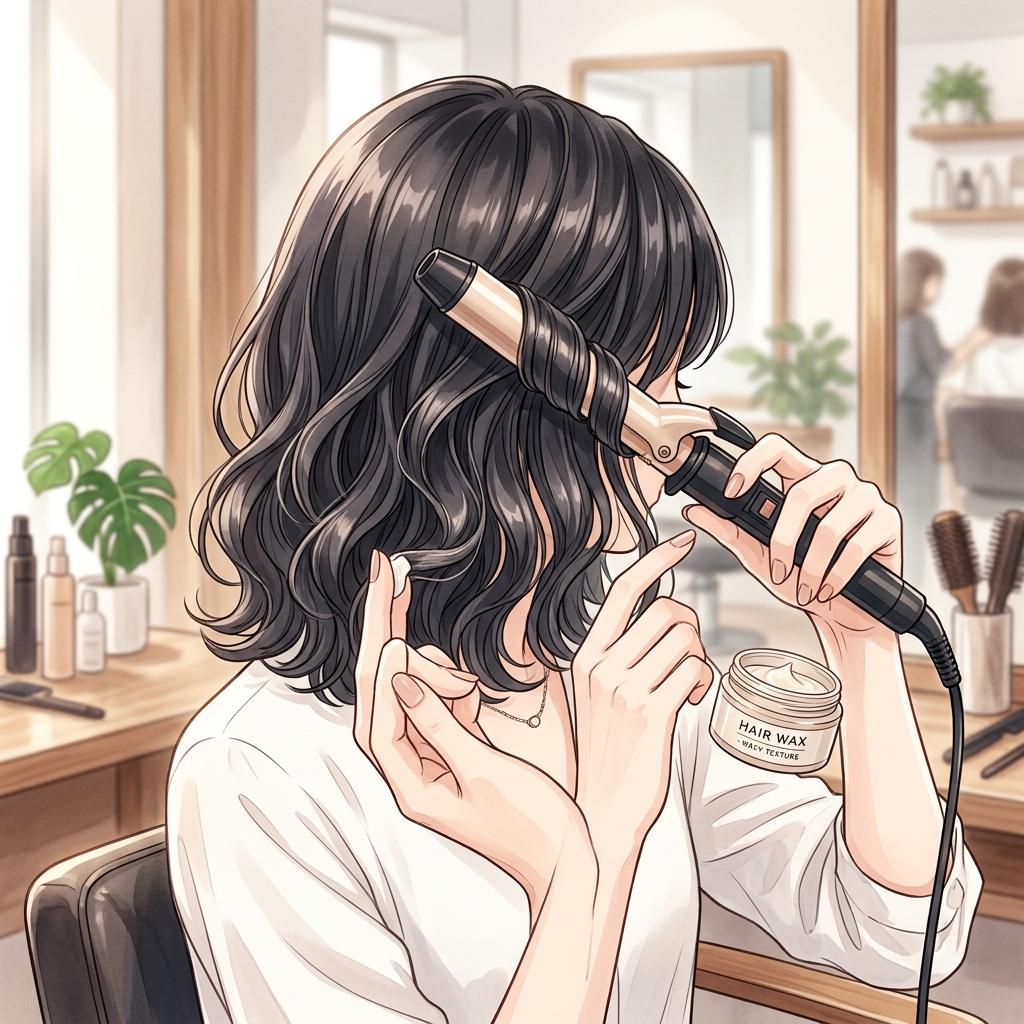 ヘアコテとワックスを使って髪全体にアレンジのベース作りをしている手の様子のイラスト