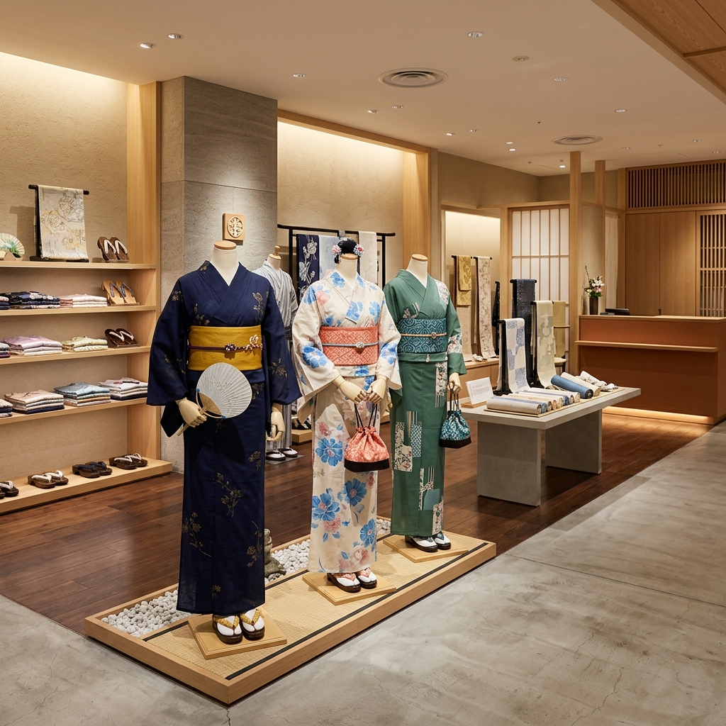 デパートの呉服売り場に展示された最新トレンドの浴衣コーディネート