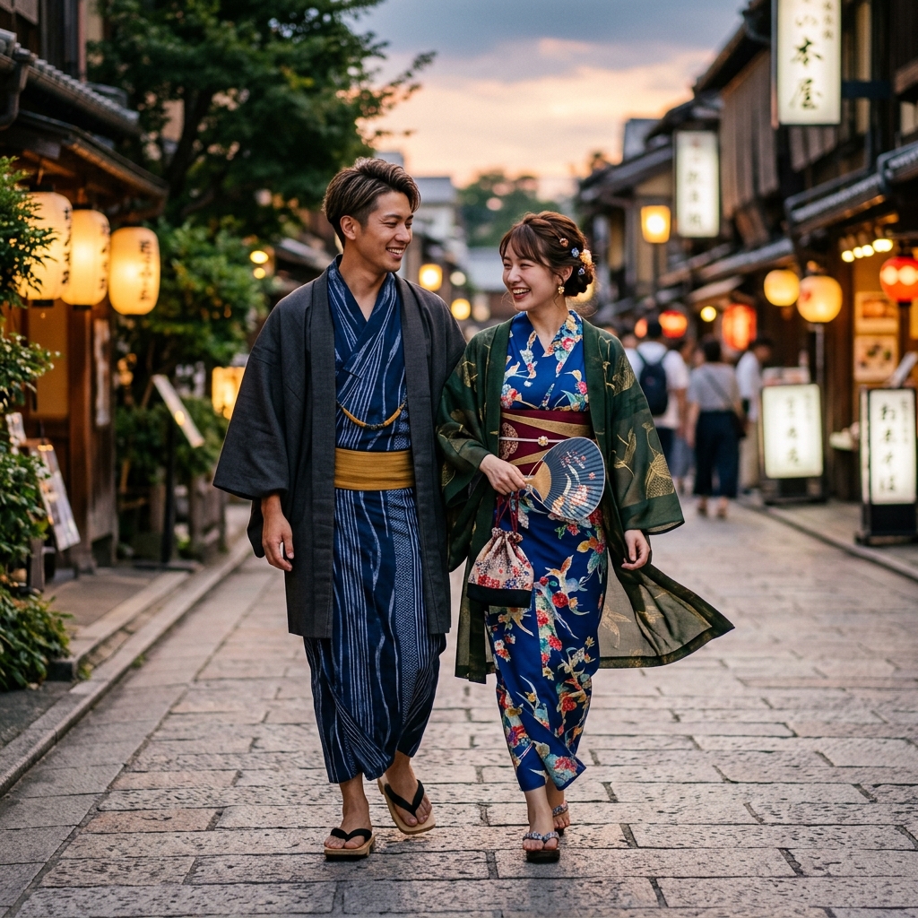 夏の夕暮れ時にカラフルでモダンな夏羽織をそれぞれ浴衣に重ねて笑顔で歩く若い日本人男女のペアのイラスト