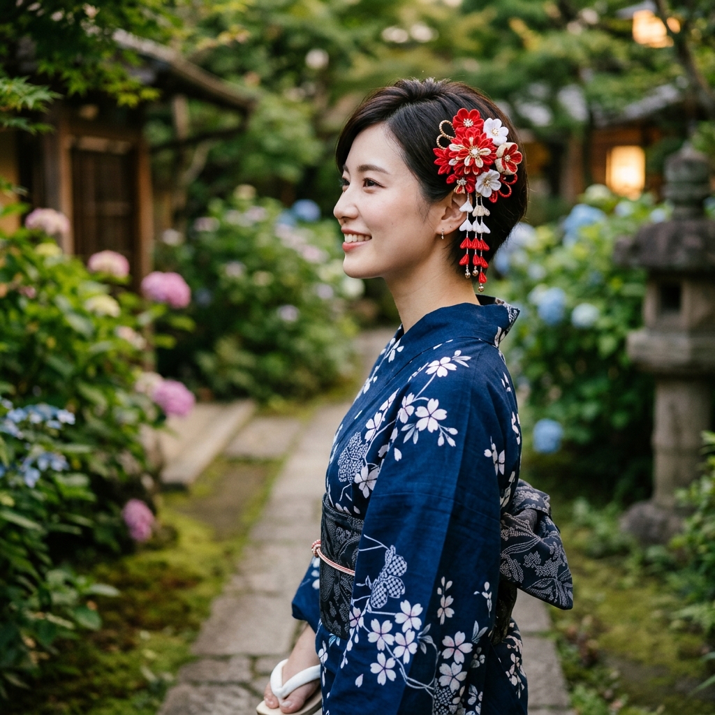 浴衣の柄に合わせた華やかな大きめの和風花飾りをサイドに飾ったショートヘアスタイル