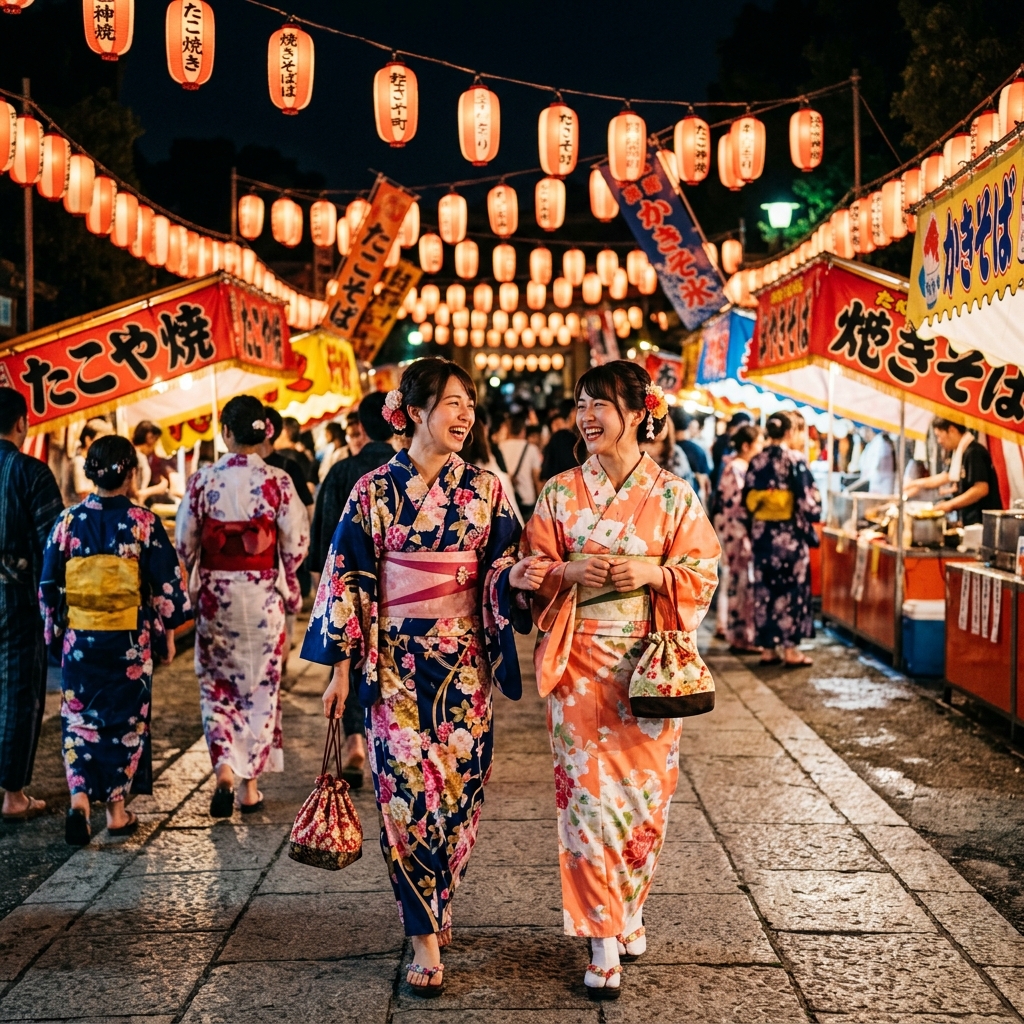 夏の夜祭りで友人と楽しそうに浴衣姿で歩く笑顔の女性たちのイラスト