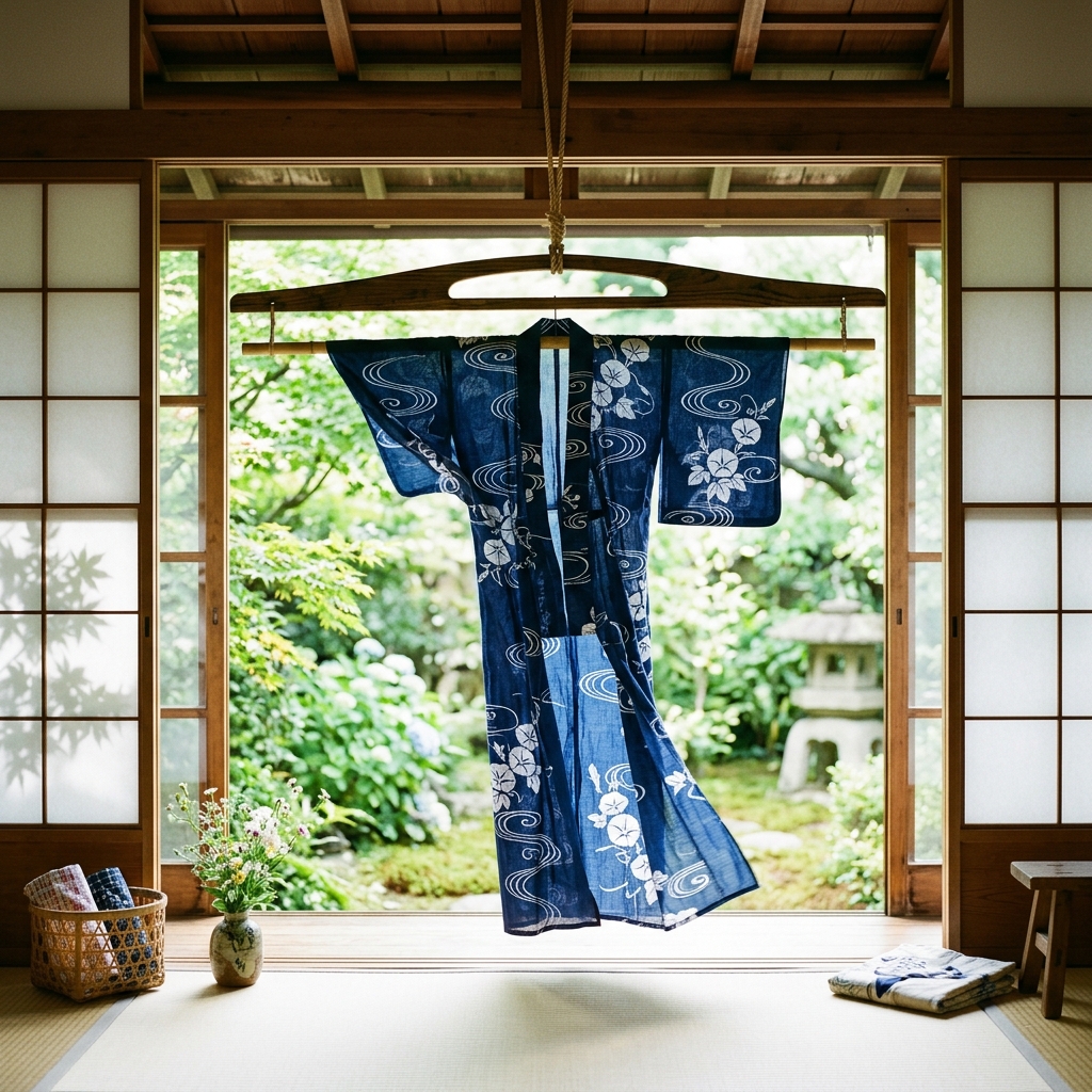 風通しの良い部屋の窓際で、左右に伸びた着物ハンガーに掛けられた浴衣が優しく揺れている様子のイラスト