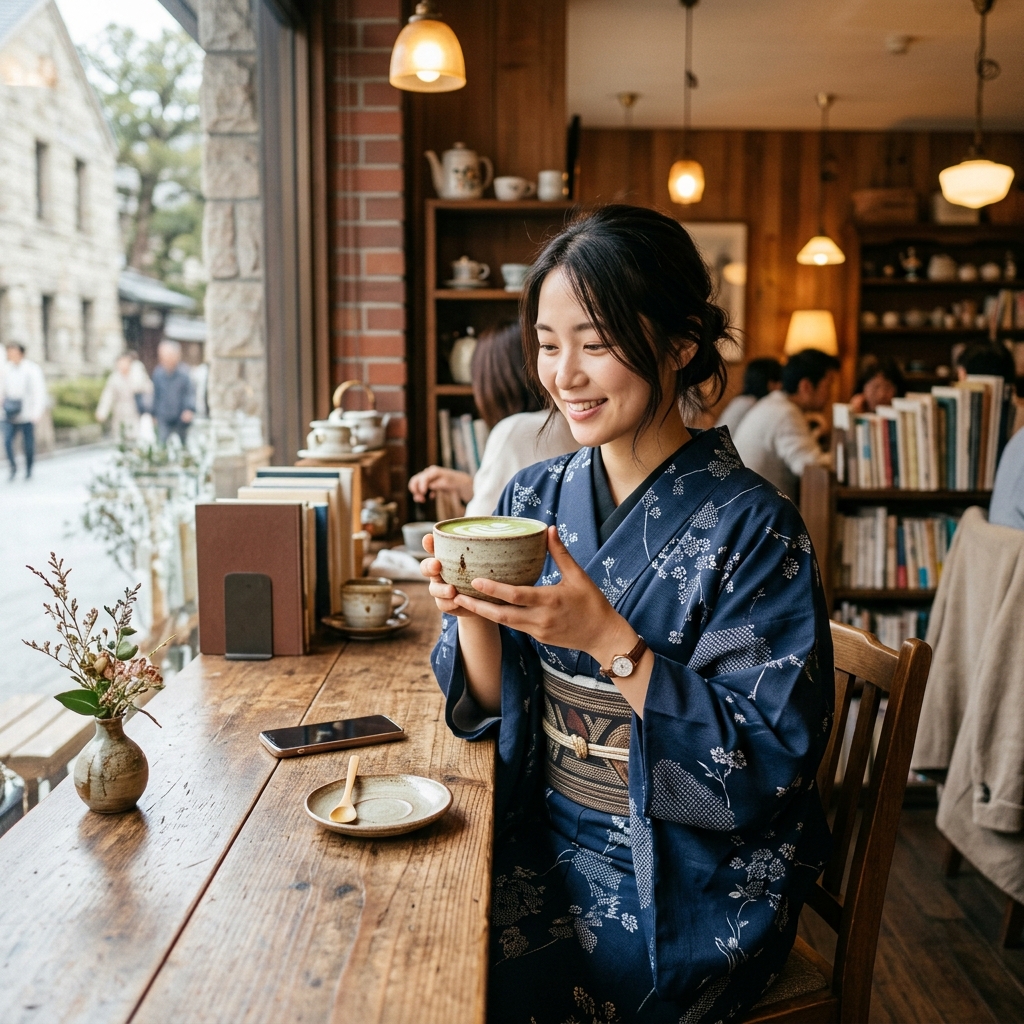 レトロなカフェで洗える着物を着てお茶を楽しむ和モダンな女性の様子