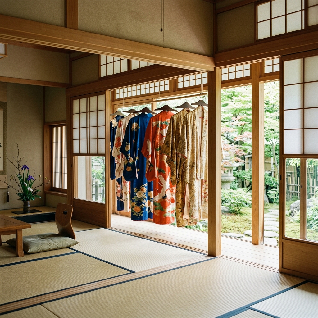 風通しの良い部屋で着物を陰干し(虫干し)している様子のイラスト