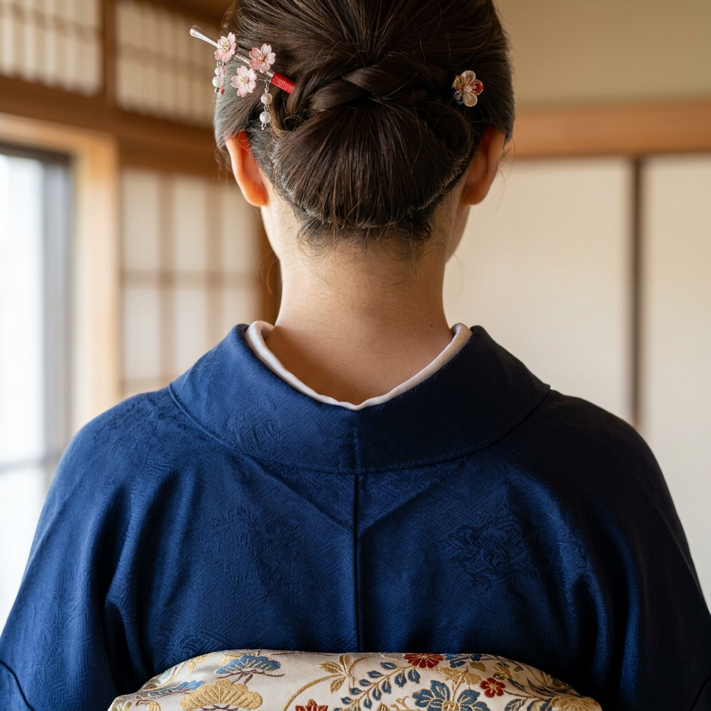 羽織の後ろ衿を綺麗に半分に折って上品に着こなしている首元のアップ写真イメージ