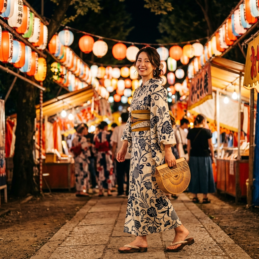 花火大会の会場でワンピース浴衣を着て笑顔で歩いている日本人女性のイラスト
