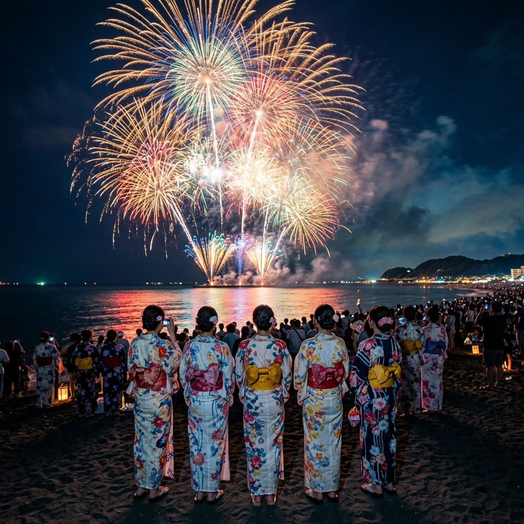 千葉の美しい花火大会の夜空を背景に浴衣姿で花火を見上げる人々の様子
