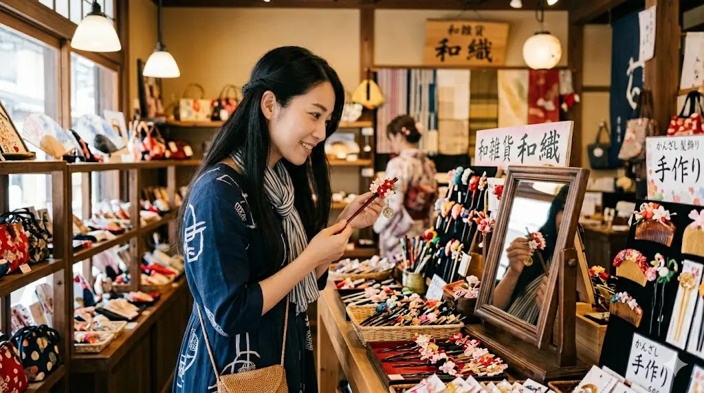 しまむらの店頭で浴衣小物を選ぶ若い女性のイラスト