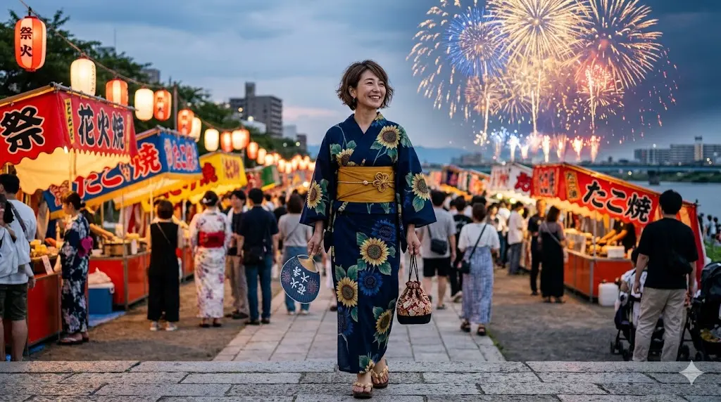 夜の花火大会が終わった後に時間を気にせず笑顔で歩く浴衣姿の女性のイラスト