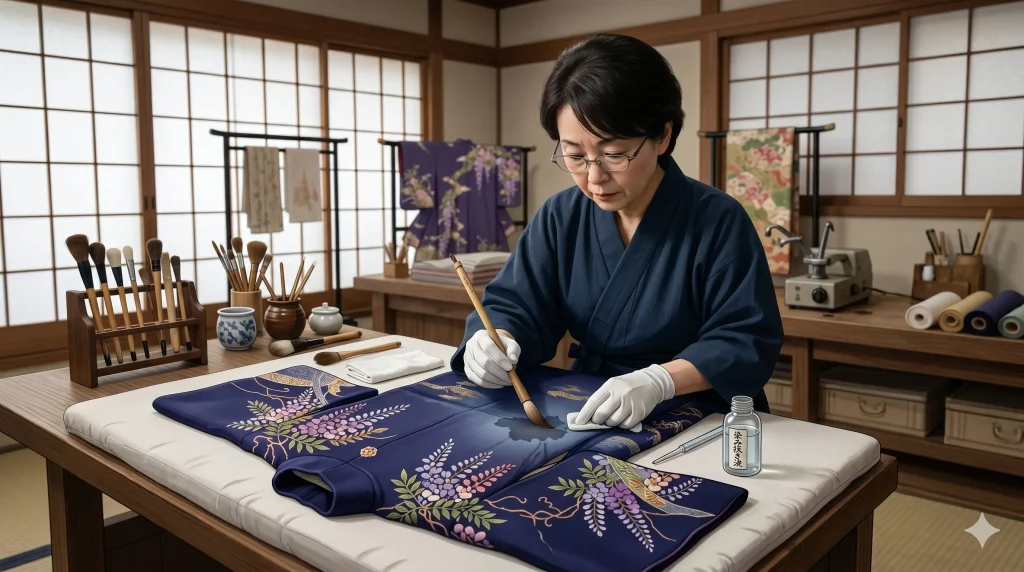 着物の汗抜き処理を専門の職人が丁寧に行っている様子のイラスト