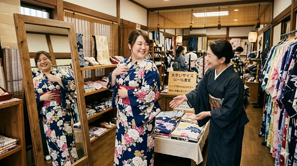 自分に合った大きいサイズの浴衣を嬉しそうに体に当てて選んでいるふくよかな女性のイラスト