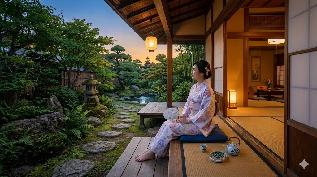 落ち着いた雰囲気のくすみカラーの浴衣を着て、レトロな木造家屋の縁側で涼んでいる美しい日本人女性のイラスト