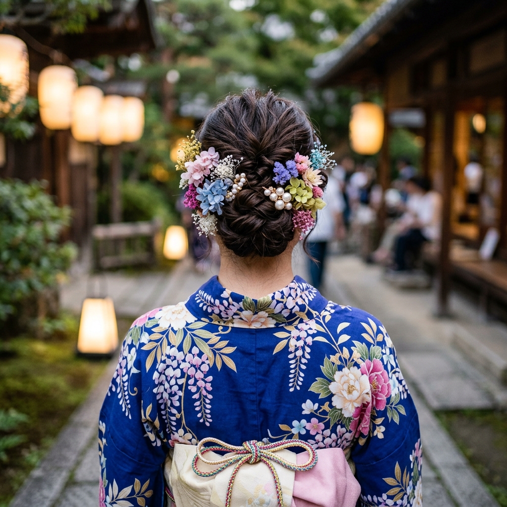 浴衣に合わせた華やかなドライフラワーやパールの髪飾りをミディアムヘアにあしらったイメージ
