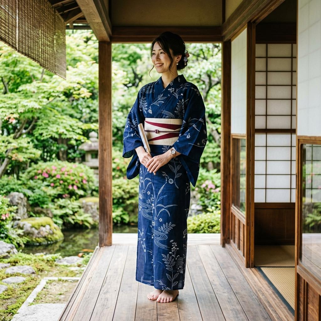 上品な紺地にシンプルな古典柄の浴衣を着用した30代女性の立ち姿