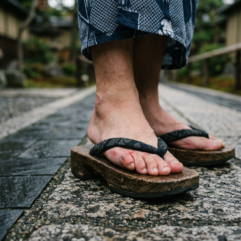 浴衣を着た男性が慣れない下駄で足元の鼻緒擦れを気にして歩きにくそうにしている様子