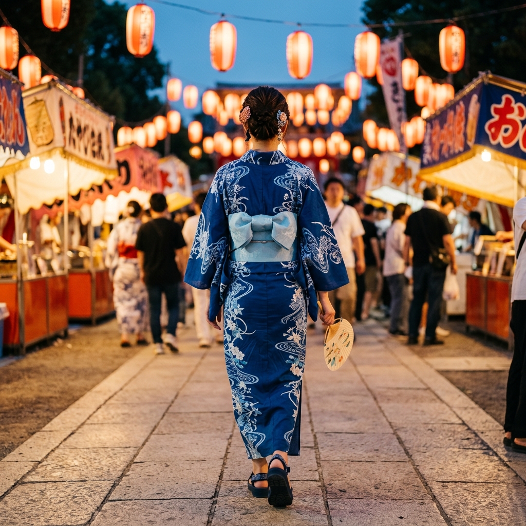 浴衣に歩きやすいサンダルを合わせて夏祭りを楽しむ女性のイラスト