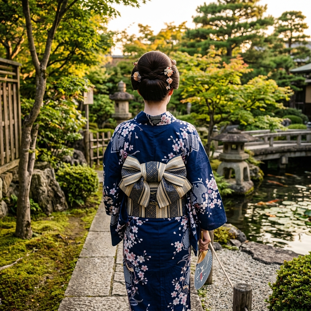 半幅帯をきれいに結んだ女性の浴衣姿の後ろ姿
