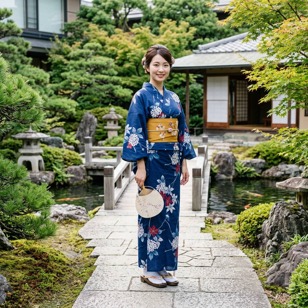 和室で涼しげに佇む、正しいサイズ感の浴衣を着た美しい女性のイラスト
