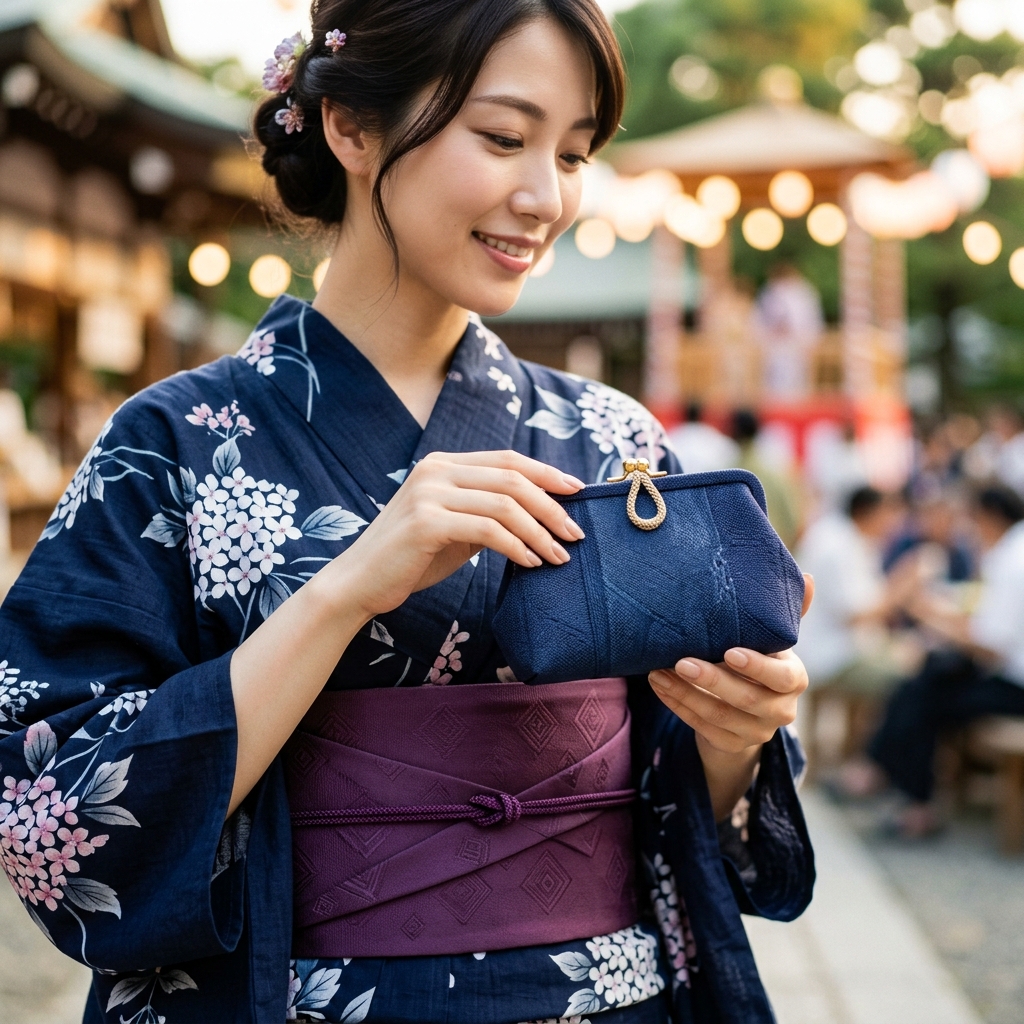 浴衣の帯や柄と調和するコンパクトで上品なサイズ感のカバンを持つ女性のイラスト