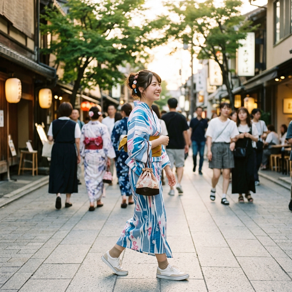 浴衣に歩きやすいスニーカーを合わせて軽快に歩く女性のイラスト
