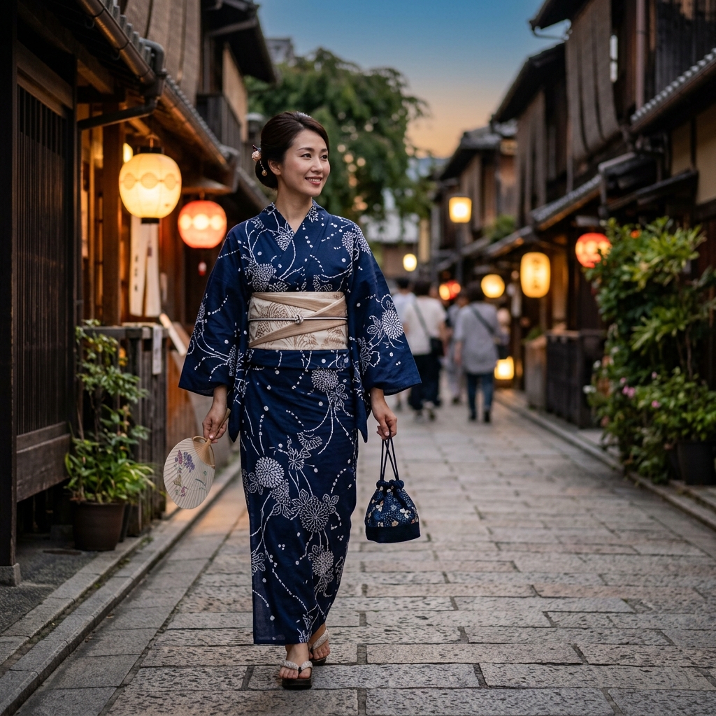 落ち着いた藍色や古典柄の大人っぽい浴衣を美しく着こなしている女性の姿